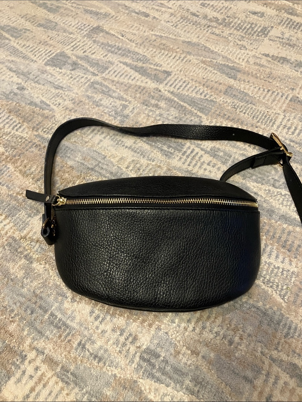 Minimalist Black Leather Crossbody Belt Bag with Gold Accent